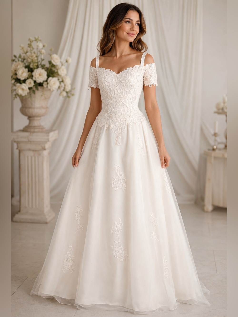 Vintage Ivory Lace Off-Shoulder Wedding Gown